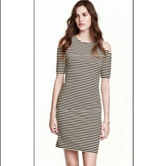 H&M Striped Cold Shoulder Dress Size M - Picture 1 of 11